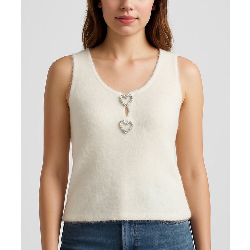 JCPenny Juniors Fuzzy Knit Top Medium Cream Rhinestone Heart Closure NEW